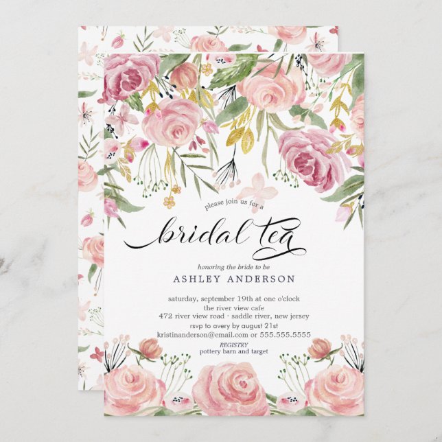 Invitación Té de novia floral rosa de Rubor (Anverso / Reverso)