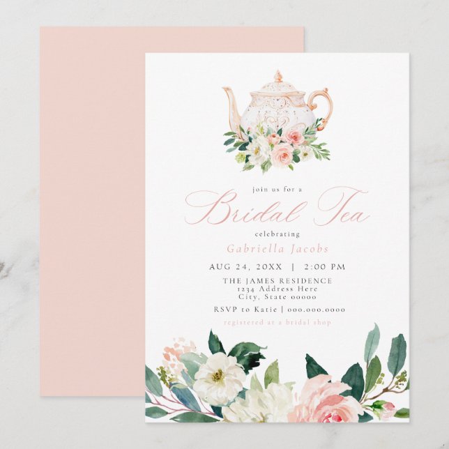 Invitación Té de novia floral rosa elegante y dulce Rubor (Anverso / Reverso)