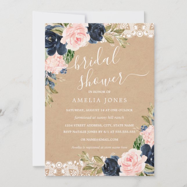 Invitación Té de Novia Rústico de Flores de Encaje Rosa Azul  (Anverso)