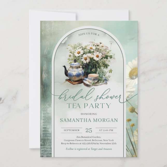 Invitación Té de novia verde y blanco chic de Shabby (Anverso)
