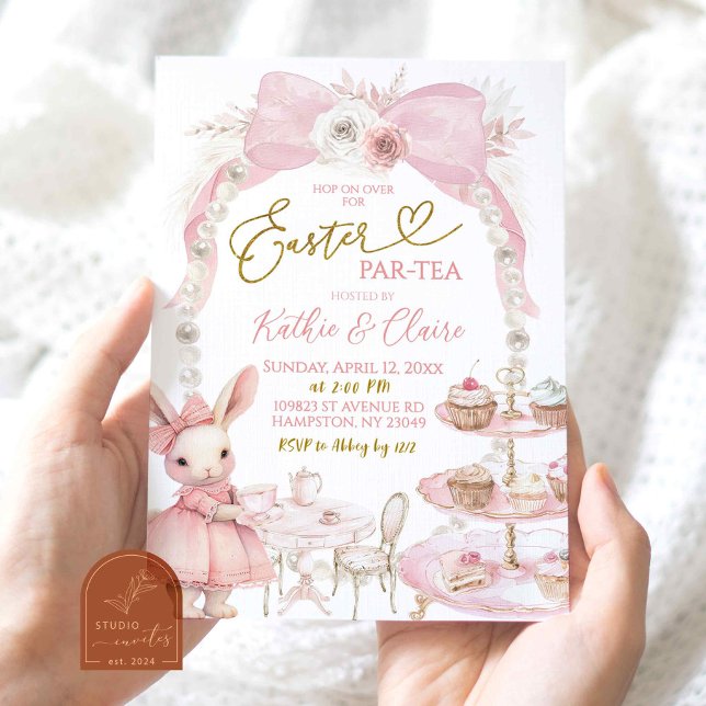 Invitación Té de Pascua Coquette de Lazo Rosa Perla (Subido por el creador)