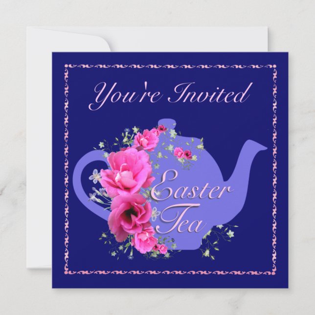 Invitación Té de Pascua invita a flores de tetera y rosa (Anverso)