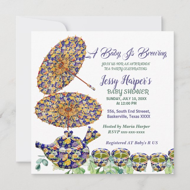 Invitación Té de Tarde con Tetera Floral Azul Fiesta de Bebé (Anverso)