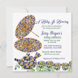 Invitación Té de Tarde con Tetera Floral Azul Fiesta de Bebé