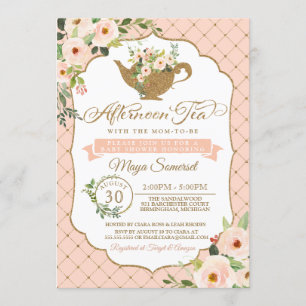 Invitación Té de tarde Rubor de lujo Baby Shower floral