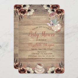 Invitación Té de Teapot taza Flores Baby Shower de madera