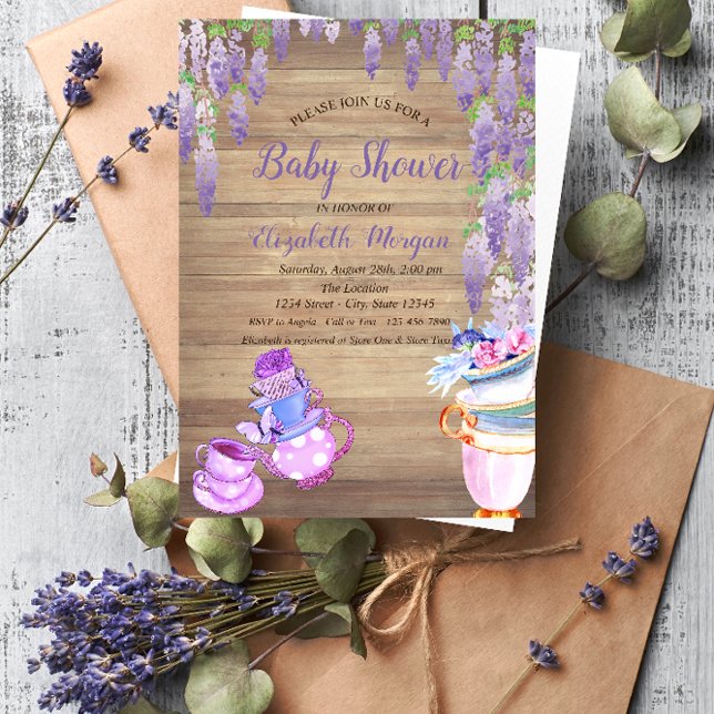Invitación Té de tetera taza Wisteria Wood Purpurina Baby Sho (Subido por el creador)