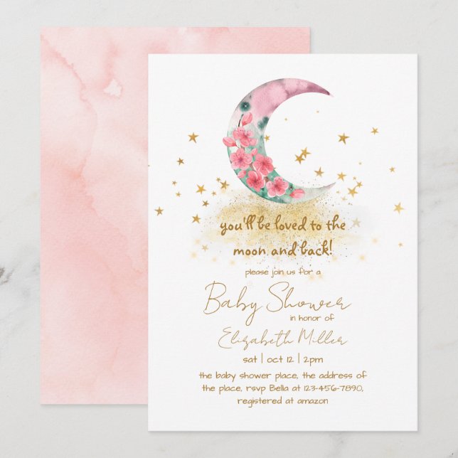Invitación Te encantará la Luna y el Baby Shower (Anverso / Reverso)