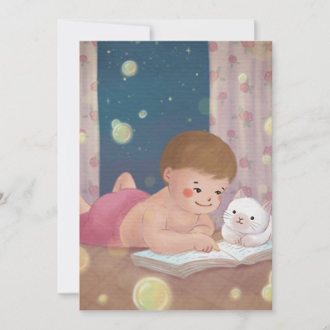 Invitación Te falta: Ilustracion de chico y gato (Anverso)