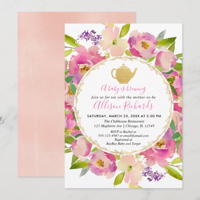 Invitación Té fiesta baby ducha Boho rosa pastel (Anverso / Reverso)
