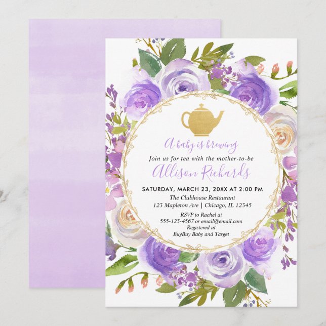 Invitación Té fiesta bebé ducha lavanda púrpura lilac floral (Anverso / Reverso)