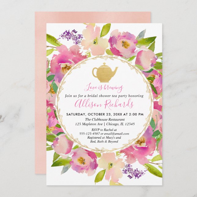 Invitación Té fiesta ducha de novia Boho rosa pastel (Anverso / Reverso)