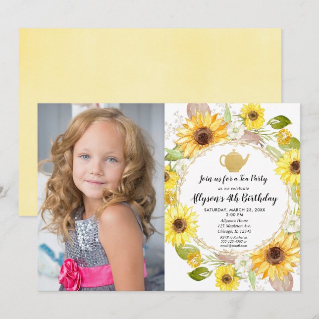 Invitación Té fiesta girasoles blancos floridos cumpleaños (Anverso / Reverso)