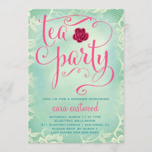 Invitación Té Fiesta Lazo rosa Verde azulado Vintage