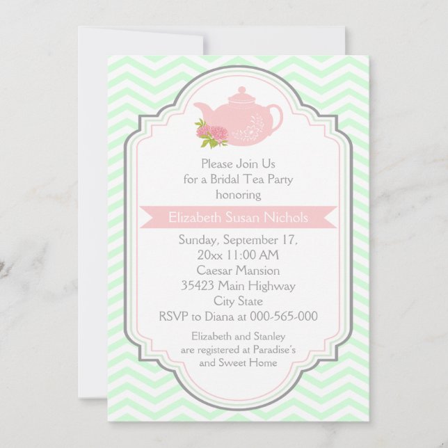 Invitación Té fiesta tetera, chevron menta rosa ducha de novi (Anverso)