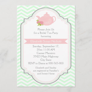 Invitación Té fiesta tetera, chevron menta rosa ducha de novi