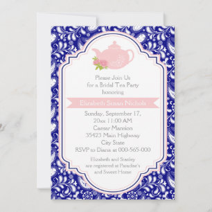 Invitación Té fiesta tetera, ducha de novias paisley rosa