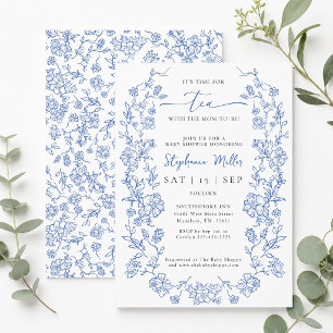 Invitación Té floral azul con la futura mamá en el baby showe