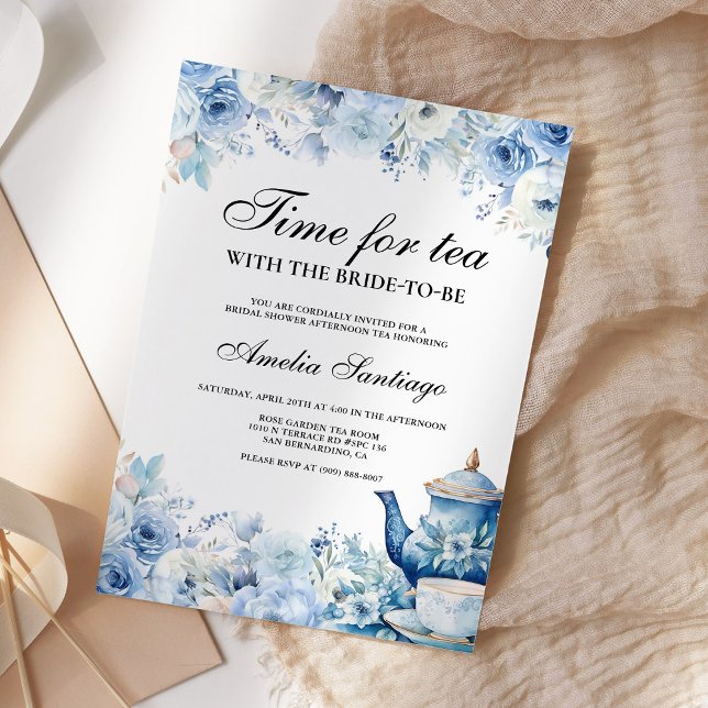 Invitación Té Floral Azul Con Novia Para Ser Ducha Británica (Subido por el creador)