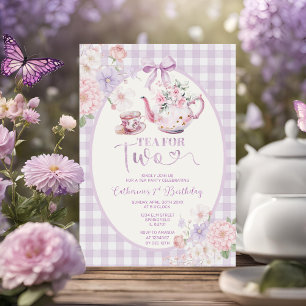 Invitación Té Floral de Gingham Morado para Dos Cumpleaños 2