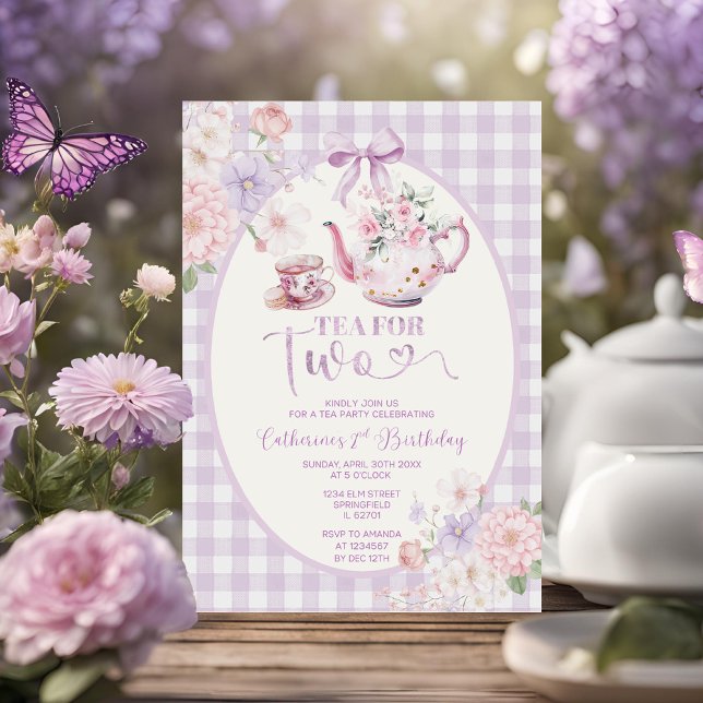 Invitación Té Floral de Gingham Morado para Dos Cumpleaños 2 (Subido por el creador)