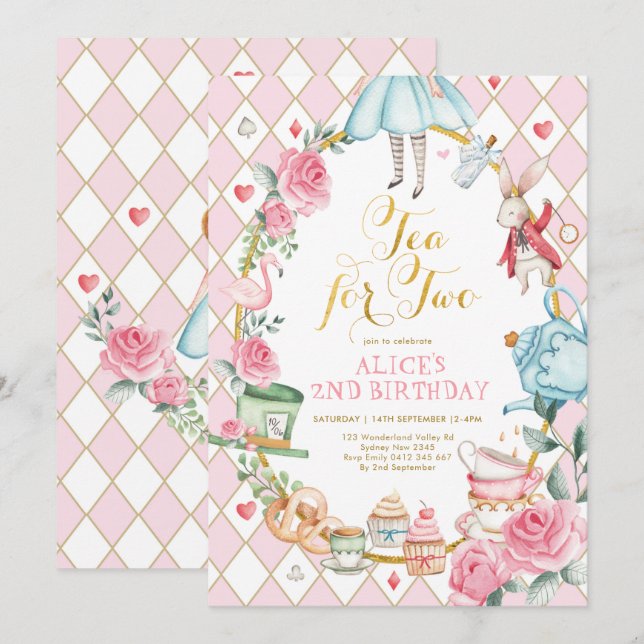 Invitación Té floral para dos Alicias en cumpleaños de Maravi (Anverso / Reverso)