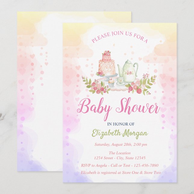 Invitación Té Floral para Niña Bebé Shower (Anverso / Reverso)