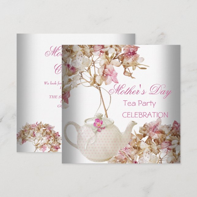Invitación Té floral rosa blanco del Día de la Madre (Anverso / Reverso)