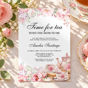 Invitación Té floral rosa con la futura mamá en el baby showe