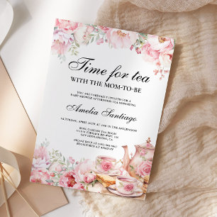 Invitación Té floral rosa con la futura mamá en el baby showe