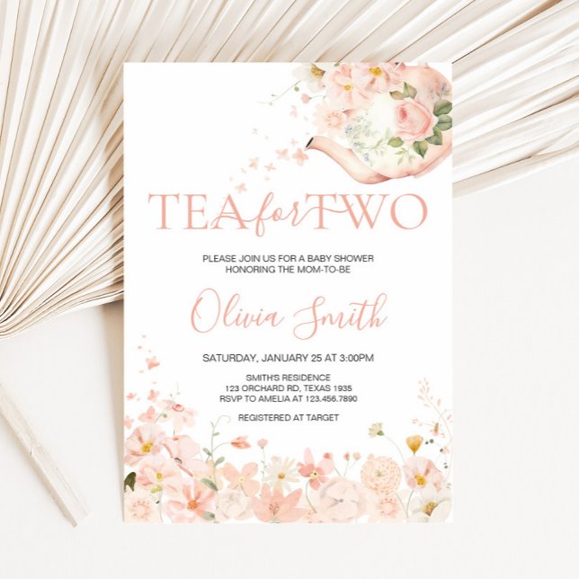 Invitación Té floral rosado para dos Baby Shower (Floral Tea for Two Twin Baby Shower Invitation)