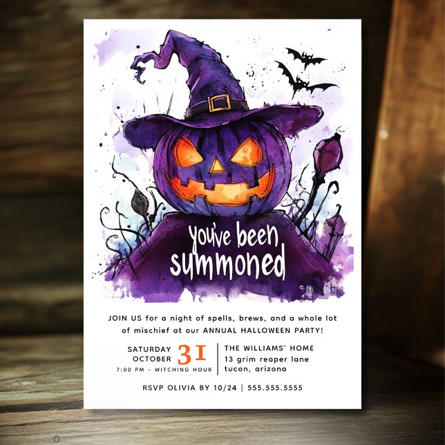 Invitación Te han llamado Halloween de calabaza acuática (You've Been Summoned Watercolor Halloween Party Invitation with Spooky Witch Aesthetic and Creepy )