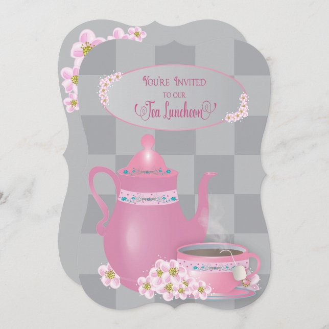 Invitación Té Luncheon, Teapot & Teacup Ladies, Pink & Grey (Anverso / Reverso)