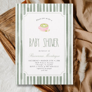 Invitación Té Matcha Rayado Verde Salvia Baño de Bebé Vintage