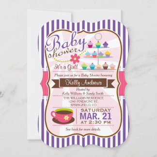 Invitación Té morado, marrón y rosado, Baby Shower de tarta