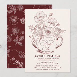 Invitación Té Nupcial Botánico Ecru Borgoña Vintage