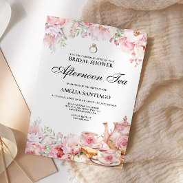 Invitación Té Nupcial de Tardor con Flores Rosadas