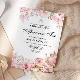 Invitación Té Nupcial de Tardor con Flores Rosadas