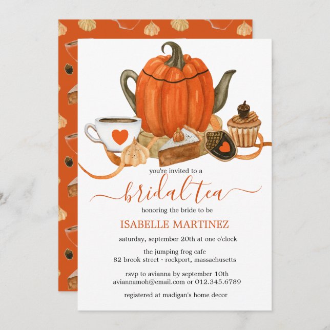 Invitación Té nupcial en la caída de la tetera de calabaza na (Anverso / Reverso)