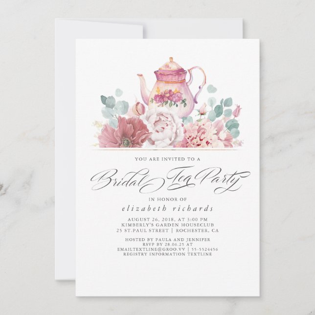 Invitación Té nupcial, flores rosadas, ducha de novia (Anverso)