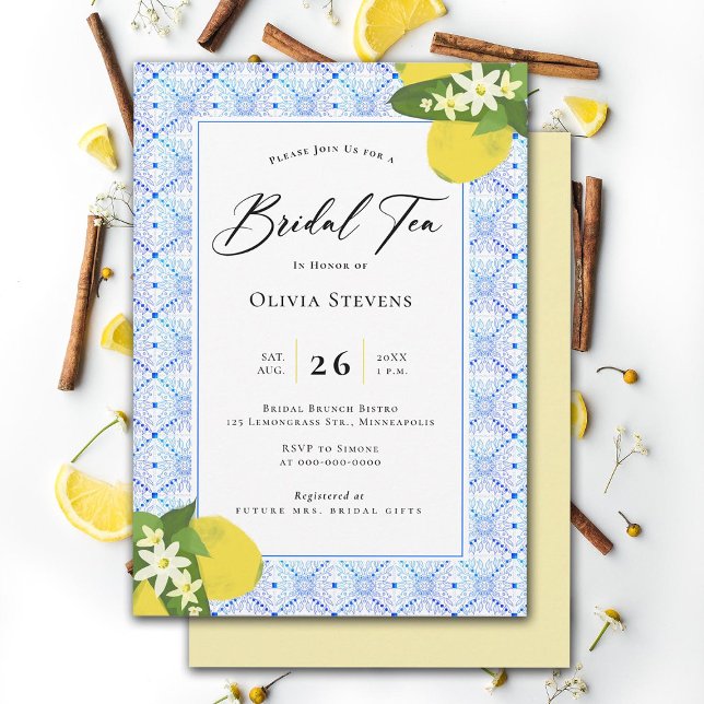 Invitación Té nupcial moderno Lemons Ducha de azulejos portug (bridal tea party lemons blue tiles modern elegant garden backyard stylish chic classic)