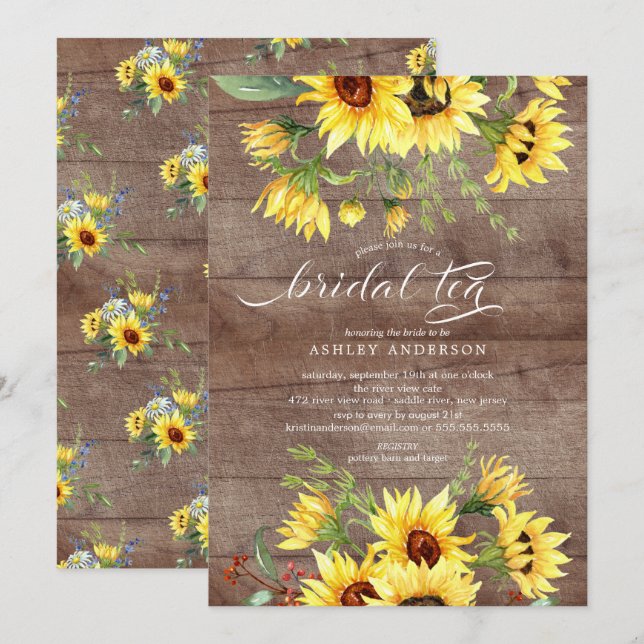Invitación Té nupcial ruidoso y alegre de girasol (Anverso / Reverso)