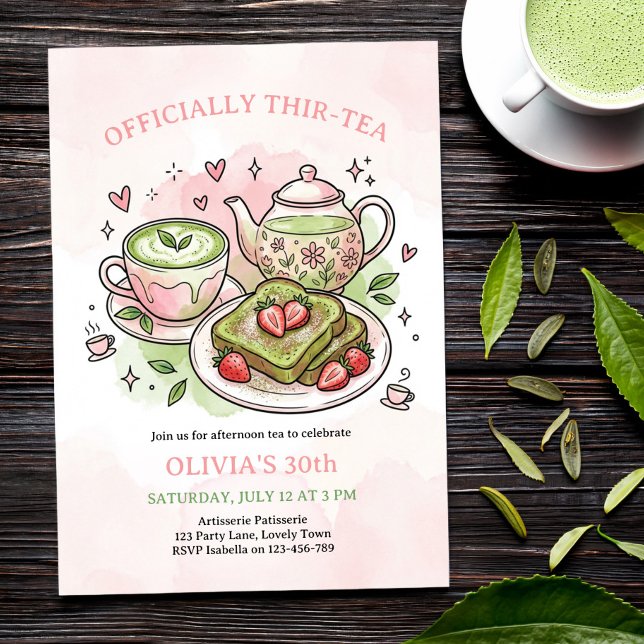 Invitación Té oficial del brunch de cumpleaños Thir-tea Match (Matcha Tea Party Invite - for brunch or afternoon tea - easy to edit for any milestone, ie twen-tea)
