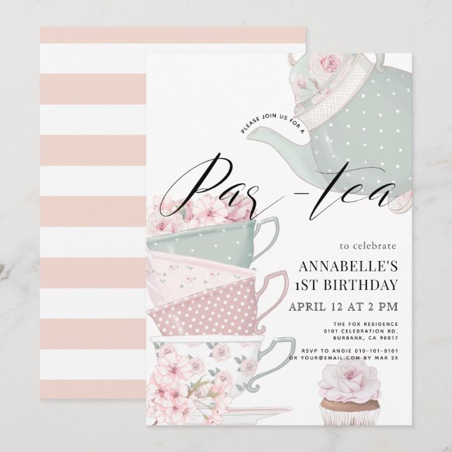 Invitación Té Par-tea Floral Teapot Pink1th Cumpleaños (Anverso / Reverso)