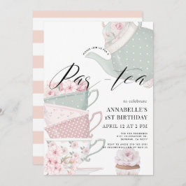 Invitación Té Par-tea Floral Teapot Pink1th Cumpleaños