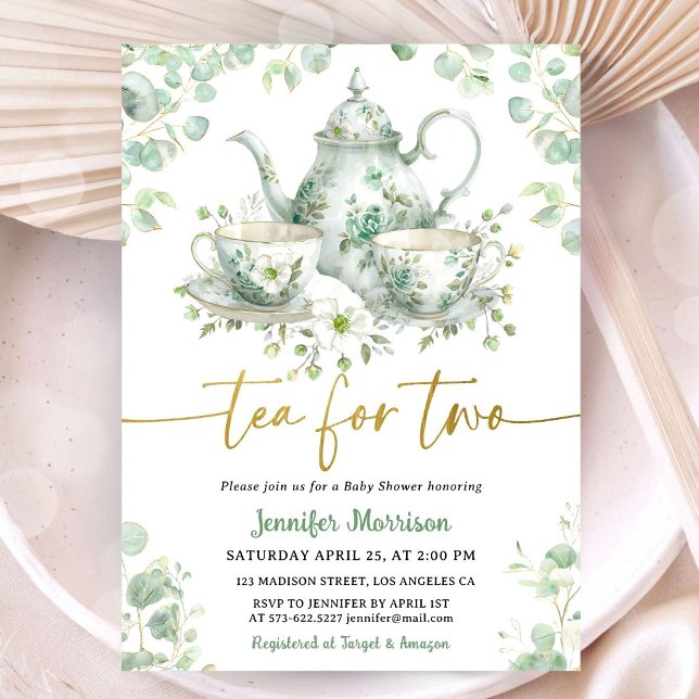 Invitación Té para Dos Bebés Gemelos Ducha Verde Dorado (Subido por el creador)