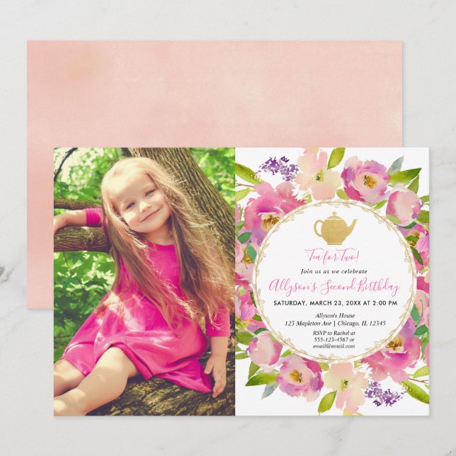 Invitación Té para dos, Chica foto floral de segundo cumpleañ (Anverso / Reverso)