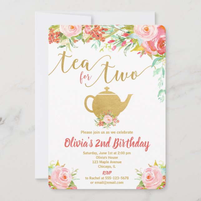 Invitación Té para dos chicas florales de oro (Anverso)