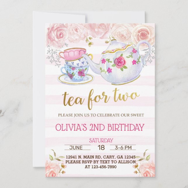 Invitación Té para dos chicas invitadas por segundo cumpleaño (Anverso)