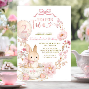 Invitación Té para Dos Cumpleaños 2º Conejo Primavera Rosa